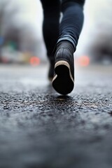 Fototapete - Person walking on a wet urban street wearing stylish black boots on a misty day : Generative AI