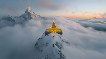 Poster - A majestic mountain temple shimmering in golden light floating serenely above a sea of ethereal clouds at the first light of dawn in a remote mystical Himalayan landscape