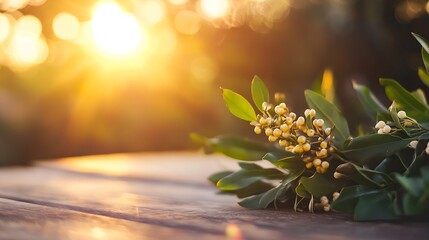 Aufkleber - Breathtaking Sunset with Yellow Blooms and Green Leaves on Rustic Wooden Table : Generative AI