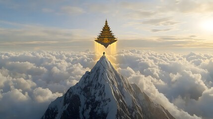 Poster - A mountaineer embarks on an arduous climb to reach a floating golden temple perched atop a jagged snow capped peak surrounded by a vast sea of clouds and bathed in the warm