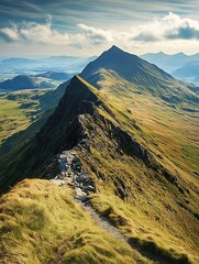 Wall Mural - Breathtaking Mountain Ridge View with Rocky Path and Lush Green Landscape : Generative AI