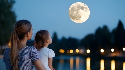 Aufkleber - A peaceful riverside night scene with a mother and daughter sharing a serene moment gazing in awe at the captivating full moon over the tranquil water surrounded by a picturesque natural landscape