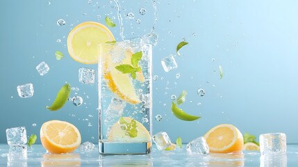 Poster - A photo of a refreshing cocktail with citrus slices pouring from a smartphone surrounded by ice cubes and suspended bubbles creating a dynamic and innovative visual concept for beverage technology