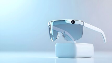 Poster - A photo showcasing a pair of advanced smart glasses resting on a sleek futuristic wireless charging cradle  The modern