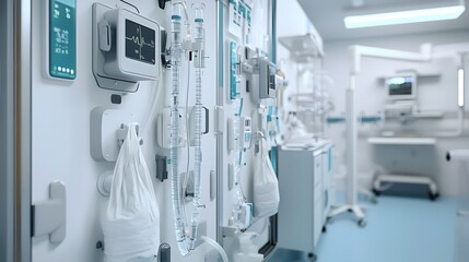 Poster - A photo showcasing the detailed view of medical equipment and apparatus used for intravenous fluid transfusion including IV tubing clamps and bags in a laboratory or clinic setting