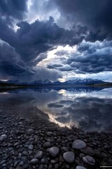 Poster - Dramatic Sunset Reflection Over Mountain Lake Surrounded By Dark Clouds : Generative AI
