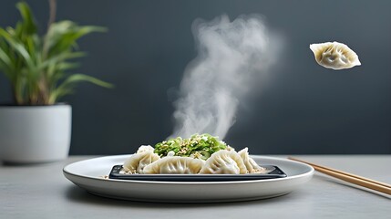 Poster - A plate of freshly steamed dumplings with delicate wisps of fragrant vapor drifting out set against a dark moody background with chopsticks hovering nearby