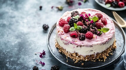 Poster - Deliciously crafted berry cheesecake dessert adorned with fresh fruits and mint leaves : Generative AI