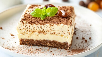 Poster - Delicious Slice of Tiramisu Dessert Garnished with Mint Leaf on Rustic Plate for Sweet Treat Ideas : Generative AI