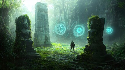 Poster - A Treasure Hunter Discovers an Overgrown Ancient Temple Hidden in a Lush Valley with Vines Creeping over Stone Statues and Mysterious Glowing Symbols Illuminating the Ruins