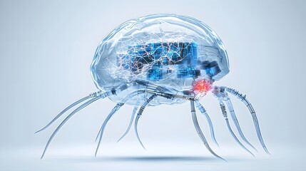 Aufkleber - A visually striking and futuristic depiction of a cyborg s brain interface showcasing a detailed network of glowing neural circuits that seamlessly merge organic and intelligence