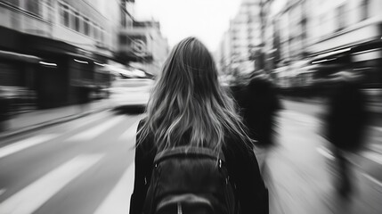 Poster - Blurred Motion of Young Woman Walking in Busy Urban Environment : Generative AI