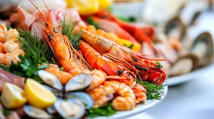 Aufkleber - Delicious Fresh Seafood Platter with Prawns Shrimp Shellfish Lemon Garnish : Generative AI