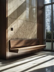 Aufkleber - Modern Minimalist Interior Architecture with Wooden Bench and Sunlight : Generative AI