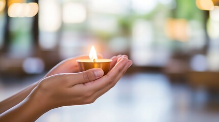 Leinwandbilder - beautifully crafted candle in hands with warm glow set in a cozy environment for meditation : genera