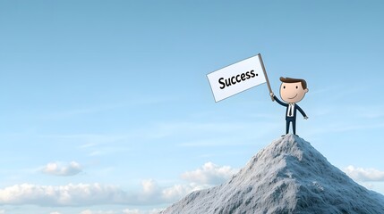 Poster - Cartoon of an Entrepreneur Proudly Holding a  Success  Flag at the Summit of a Majestic Mountain Symbolizing the Accomplishment of Reaching a Significant Goal or Milestone