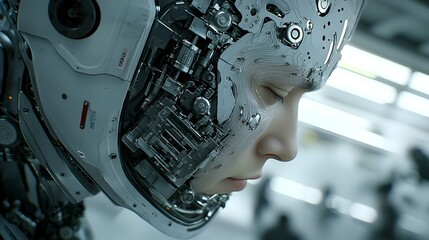 Poster - Close up of a cyborg s facial panel showcasing the intricate mechanical components and synthetic skin with tiny pistons moving beneath