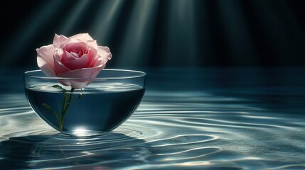 Poster -  A solitary pink rose in a sunlit water bowl