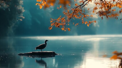 Poster - Serene Water Scene with Silhouette of a Bird Against Autumn Leaves and Misty Lake : Generative AI