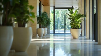 Canvas Print - Stylish indoor corridor with potted plants and natural light creating a serene atmosphere : Generative AI