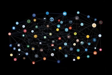Poster - Network of connections showcasing various icons on a black background representing digital interactions, network of connections with icons on black background