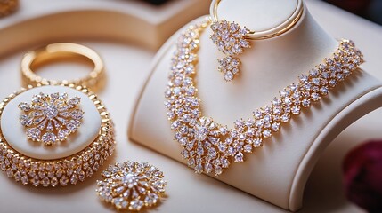Poster - Exquisite Gold Jewelry Collection with Sparkling Diamonds on Display for Luxury and Fashion : Generative AI