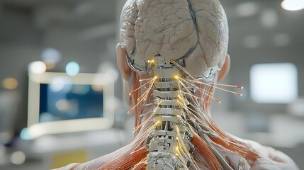 Poster - Closeup view of a cyborg s neck showcasing the intricate details of exposed fiber optic nerves and articulated mechanical vertebrae representing the fusion of technology and biology in a futuristic