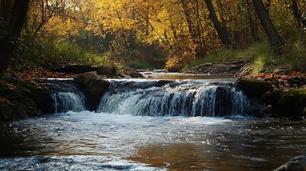 Poster - Autumn River Flowing Through a Colorful Forest with Golden Leaves and Gentle Waterfalls : Generative AI