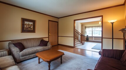 Poster - Cozy living room interior with warm tones and welcoming ambiance featuring comfortable sofas and a classic design : Generative AI