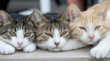 Poster - Three adorable cats resting together on a wooden surface showcasing their relaxed and playful moods : Generative AI