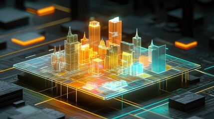 Poster - Futuristic Digital City with Neon Lights on Circuit Board Background