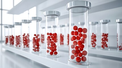 Poster - Detailed view of the separate layers of plasma and red blood cells within a transparent collection tube after the process of centrifugation in a medical or scientific laboratory setting