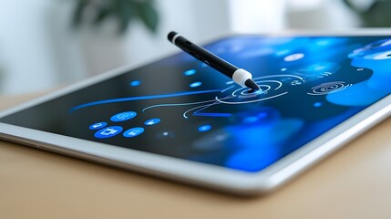 Poster - digital rendering of a digital pen charging magnetically on the edge of a blue tablet device showcasing the modern and innovative technology of wireless charging and seamless of digital tools