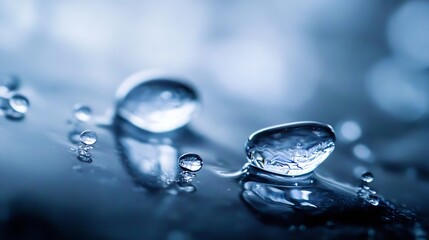 Poster - Close up of water droplets on a smooth surface beautifully reflecting light in a tranquil blue hue : Generative AI