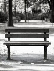 Aufkleber - Isolated empty bench in a quiet park surrounded by trees showcasing peaceful outdoor atmosphere : Generative AI