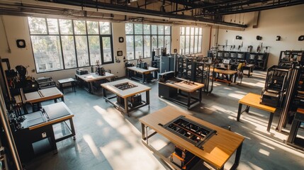 Poster - Modern Workshop with 3D Printers and Bright Natural Light