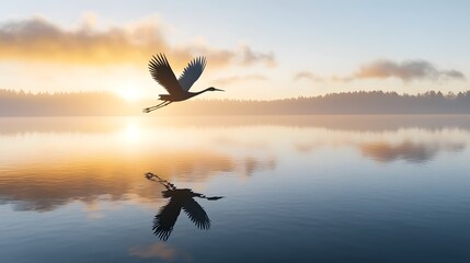 Aufkleber - Ethereal silhouette of a celestial crane with paper cut wings soaring gracefully over a tranquil lake