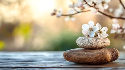 Aufkleber - Delicate Cherry Blossoms on Smooth Rocks for a Calm and Natural Still Life : Generative AI