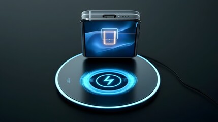 Poster - Futuristic wireless charging pad with a sleek minimalist design  The device effortlessly charges a foldable smartphone