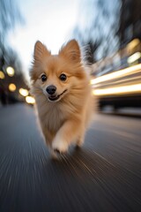 Poster - Cheerful Pomeranian Dog Running in a City Street with Blurred Background : Generative AI