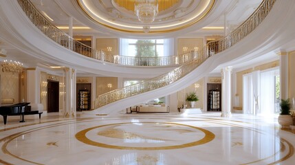 Wall Mural - Luxurious Grand Entrance Hallway with Elegant Staircase and Chandelier : Generative AI