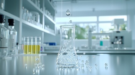 Poster - Macro close up photograph of a single drop of liquid falling into a clear glass test tube with various laboratory equipment and apparatus such as beakers flasks