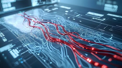 Aufkleber - Macro shot of a futuristic bio luminescent circuit pattern pulsating within a synthetic skin like texture  The glowing mechanical veins flow with a luminous fluid creating a captivating