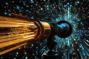 Leinwandbilder - Scope scanning reveals intricate connections over dynamic light trails, scope scanning with connections over light trails on black background