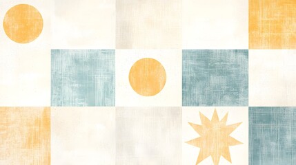 Poster - Retro abstract sunburst pattern in soft muted shades of cream and teal with a distressed textured edge effect  Minimalist modern design with a vintage mid century feel perfect for use as a background