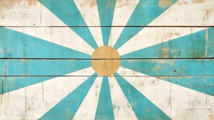 Poster - Retro sunburst pattern with distressed weathered edges in a beautiful combination of cream and teal tones  This vibrant vintage inspired abstract design creates a dynamic