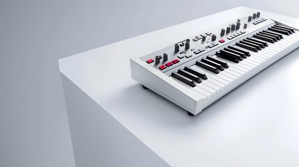 Aufkleber - Sleek and sophisticated synthesizer keyboard with an array of modern controls and knobs set against a minimalist white surface  This high end