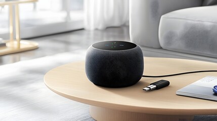 Poster - speaker connected to a USB C charger resting on a modern minimalist wooden coffee table in a bright cozy living space  The clean elegant design creates a peaceful productive atmosphere