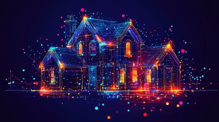 Poster - Digital Artwork of a Colorful Futuristic House in Neon Lights