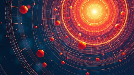 Aufkleber - A colorful, abstract design featuring a large blue circle with numerous red spheres scattered around it. The red and blue colors create a striking contrast